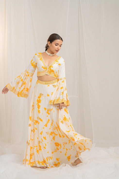 Kzari Whimsical Ruffle Crop Top and Lehenga Set